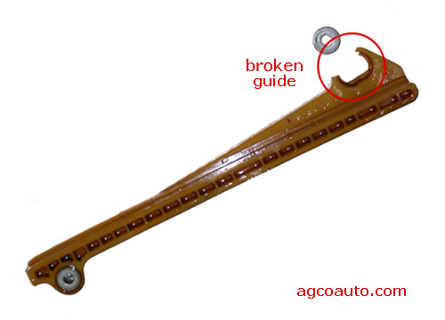 Broken timing chain lower guide, 4.5L Ford engine
