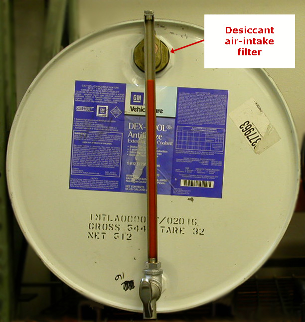 Desiccant air intake filter to keep fluids clean and dry