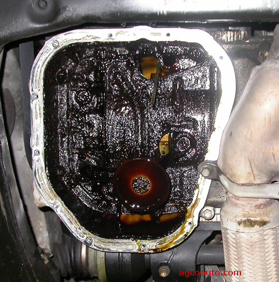 Sludge in lower engine from extended oil changes. Please click image for closer view.