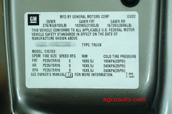 Typiccal tire pressure placard on vehicle door